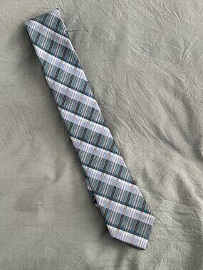 Calvin Klein Slim 100% Silk Tie 60in Blue Green Plaid Preppy Classic Necktie